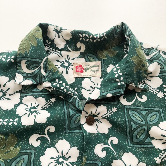 Vintage Hilo Hatie Hawaiian Aloha Shirt Green with White Hibiscus Large - Picture 2 of 6